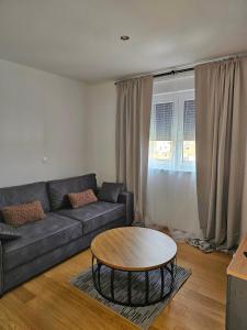uma sala de estar com um sofá e uma mesa de centro em Luxury Penthouse with seaview and parking em Zadar