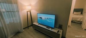 uma sala de estar com uma televisão de ecrã plano e uma cama em Un departamento con historia em Buenos Aires