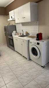 uma cozinha com uma máquina de lavar roupa e um lavatório em Central Modern Apartment Volos ll em Volos