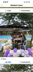 a group of people sitting at a table with balloons at Elena Guest House & Resort in Medellin