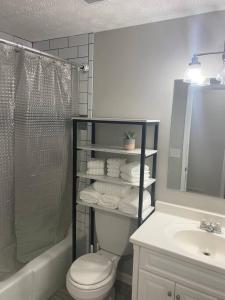La salle de bains est pourvue de toilettes, d'une douche et d'un lavabo. dans l'établissement Ranch - Allatoona Lake, LakePoint Sporting, Hiking, à Acworth