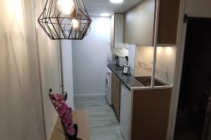 サン・ファン・デ・アスナルファラチェにあるEL RINCON DE SEVILLA a 9 min. del centro en Metroのシンクとカウンタートップのあるキッチン