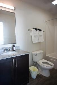 a bathroom with a toilet and a sink and a mirror at Entire High-Rise Apartment - 2BD in Baton Rouge