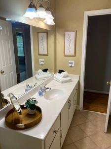 a bathroom with a sink and a mirror at Quiet Kennesaw 3BR home - close to KSU, Lakepoint in Kennesaw