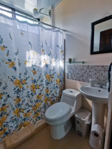 a bathroom with a toilet and a sink with a shower curtain at Casa Farolito in Hone Creek