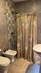 a bathroom with a shower and a toilet and a sink at Hermosa casa en Cafayate in Cafayate