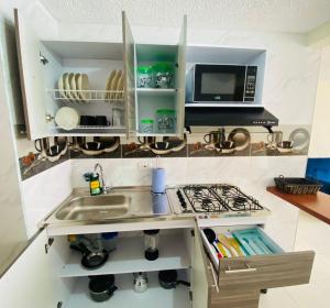 a kitchen with a sink and a microwave at Apartamento Madrid cund in Madrid