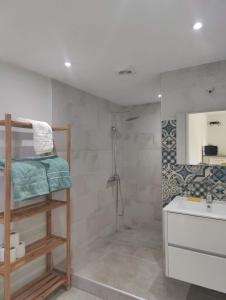 La salle de bains est pourvue d'une douche et d'un lavabo. dans l'établissement Logement cozy avec Jardin, à Arue