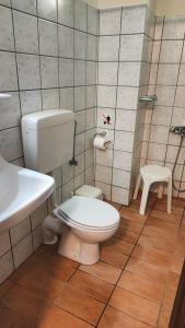 La salle de bains est pourvue de toilettes et d'un lavabo. dans l'établissement erofili apartments, à Kalamos