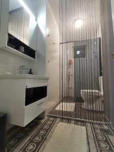 a bathroom with a shower and a sink at Red Square Apartment in Pirot