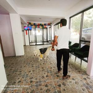 Ein Mann, der einen Hund in einem Zimmer herumläuft in der Unterkunft The MoonLight Stay - Shimla in Shimla