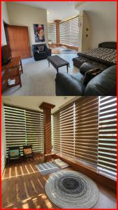 a living room with a couch and a living room with blinds at Lychee Bungalow in Dehradun