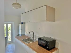 a kitchen counter with a microwave and a sink at Appartement - Loft Le Cosy in Hyères