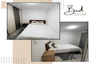 two pictures of a bed room with a bed room at CHILL HOME- T2 Aménagé in Sainte-Suzanne