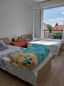 two beds in a room with a large window at TheCALC Homes 2Bedroom+1Kitchen in Sartrouville +9 photos