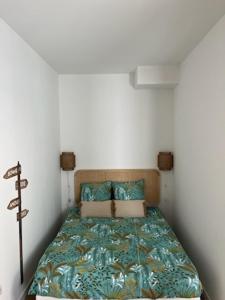 een kleine slaapkamer met een bed met een groen dekbed bij Hyper centre T2 Haut standing in Maubeuge