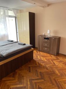een slaapkamer met een bed en een houten vloer bij Apartmán VS Františkovy Lázně in Františkovy Lázně