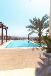 einen Pool mit einer Palme neben einem Gebäude in der Unterkunft Little Venice Chalet- Private Villa- Dead Sea Jordan in Sowayma
