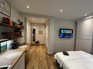 a bedroom with a bed and a tv on the wall at Theodore's cosy apartment in Corfu