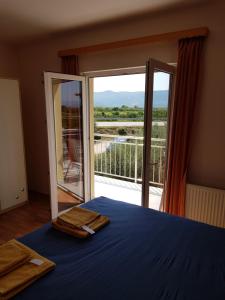 - une chambre avec un lit bleu et une grande fenêtre dans l'établissement Villa Krvavac, à Kula Norinska