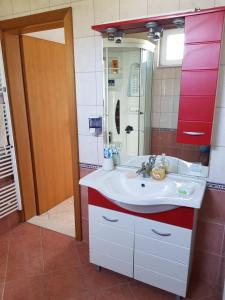 uma casa de banho com um lavatório branco e um espelho. em Villa Krvavac em Kula Norinska
