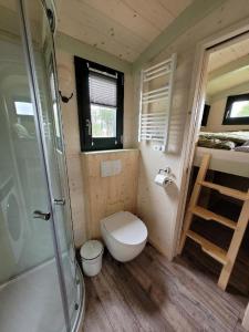ein kleines Bad mit einem WC und einer Dusche in der Unterkunft Woidwogn in Mauth