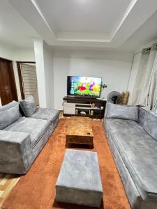 un soggiorno con 2 divani e una TV a schermo piatto di Ruyer one bedroom a Kisumu