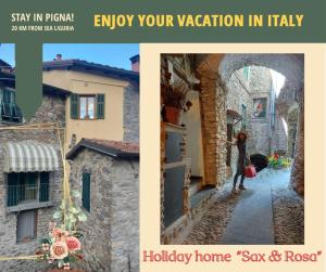 皮尼亞的住宿－sax & rosa，一条小巷里走来走去的女人的两张照片的拼贴画