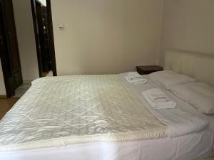 ein Bett in einem Zimmer mit zwei Handtüchern darauf in der Unterkunft DuoD in Niš