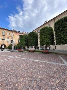 a brick courtyard with bushes and benches in front of buildings at La Loggia dei Mercanti in Cuneo