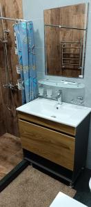 a bathroom with a sink and a mirror and a shower at House4you in Tashkent