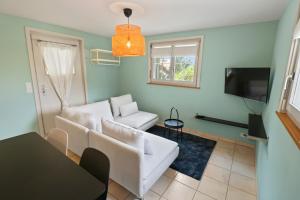 een woonkamer met een witte bank en een tv bij Appartement paisible avec terrasse in Domdidier