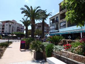 a street with palm trees and flowers in a city at Appartement Cit&eacute; Du Sel in Porto-Vecchio