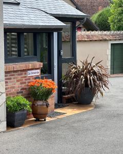 two pots of flowers in front of a house at "LA VERANDA" Gîte in Verdigny