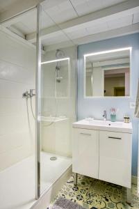 La salle de bains blanche est pourvue d'une douche et d'un lavabo. dans l'établissement Palace Opéra, studio de charme, à Lyon