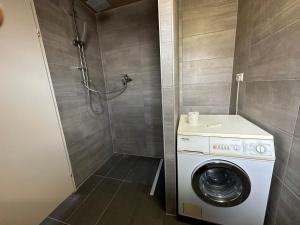 y baño con ducha y lavadora. en Ferienwohnung Darwin, en Ludwigshafen am Rhein