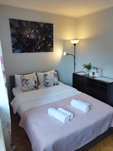 1 dormitorio con 2 almohadas blancas en una cama en Przytulny Apartament w ścisłym Centrum, en Varsovia