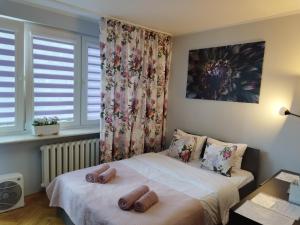 1 dormitorio con 1 cama con 2 almohadas en Przytulny Apartament w ścisłym Centrum, en Varsovia