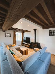 a living room with a blue couch and a fireplace at Bulles en Beaujolais in Fleurie