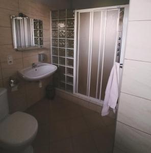 a bathroom with a sink and a toilet and a window at Pokoje Gościnne Kropka in Tarnowskie Góry