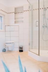 uma casa de banho branca com um chuveiro e um WC. em Appartement Residenz Panorama - Einzigartiges Loft im Herzen von Würzburg mit 2 Balkonen und Panorama-Aussicht! em Wurtzburgo