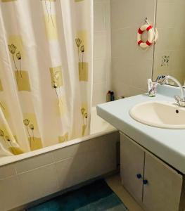 ein Badezimmer mit einem Waschbecken und einem Duschvorhang mit Blumen in der Unterkunft Une pause à Bénodet in Bénodet