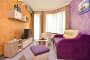 a living room with a purple couch and a tv at Apartment Golden Lavender in Budva