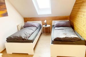 2 łóżka pojedyncze w pokoju z oknem w obiekcie Nice Apartment in Zwickau w mieście Zwickau