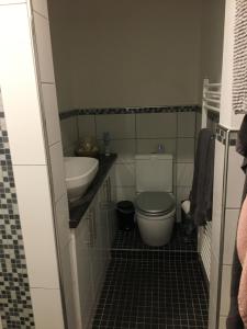 a small bathroom with a toilet and a sink at Ocean Breeze 5 minutes walk to the beach - Free Parking in Lancing