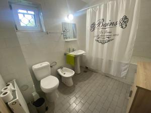 ein Badezimmer mit einem WC, einem Waschbecken und einem Duschvorhang in der Unterkunft VILA MARIS BUSTENI in Buşteni