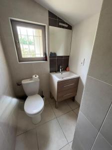 ein Bad mit einem WC, einem Waschbecken und einem Fenster in der Unterkunft La pause en luberon in Cavaillon