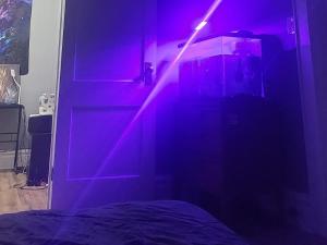 łóżko z fioletowym światłem na górze w obiekcie Relaxing comfy place to enjoy! w mieście Newark