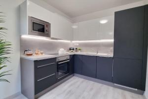 a kitchen with blue cabinets and a microwave at Finnem Rentals Varnsdorfská in Prague