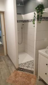 La salle de bains est pourvue d'une douche et de carrelage. dans l'établissement Appartement 80m2 6 couchages, à Garidech